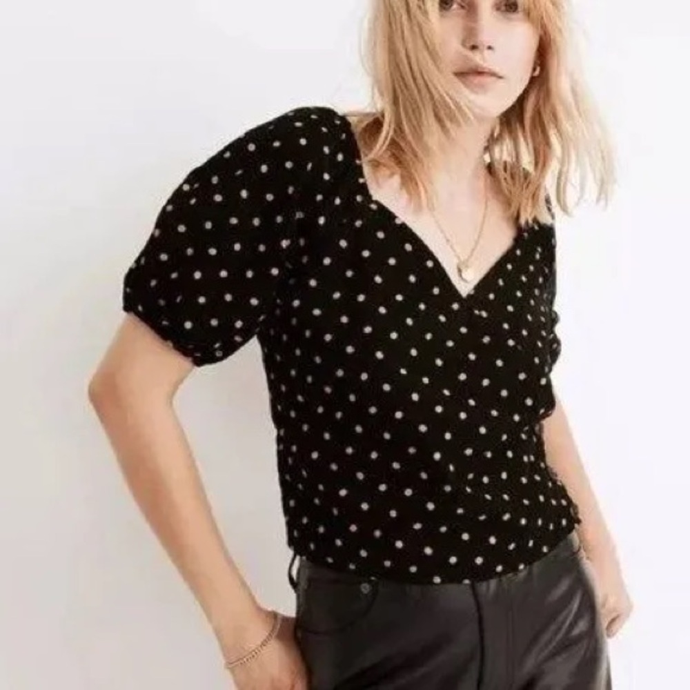 Madewell Black Beige Polka Dot Corduroy Puff Sleeve V-Neck Top SIZE XL